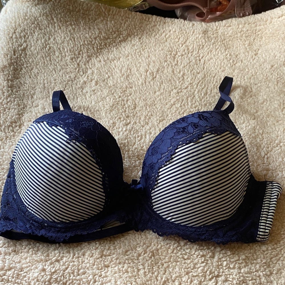 Navy and White Striped Lace Bra